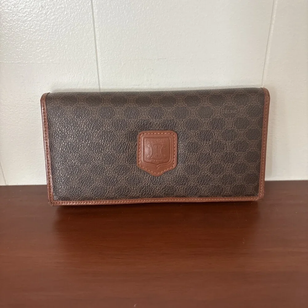 Celine Paris Long Wallet Macadam Brown Bi Fold Snap Coated Canvas Leather Trim - Picture 1 of 16